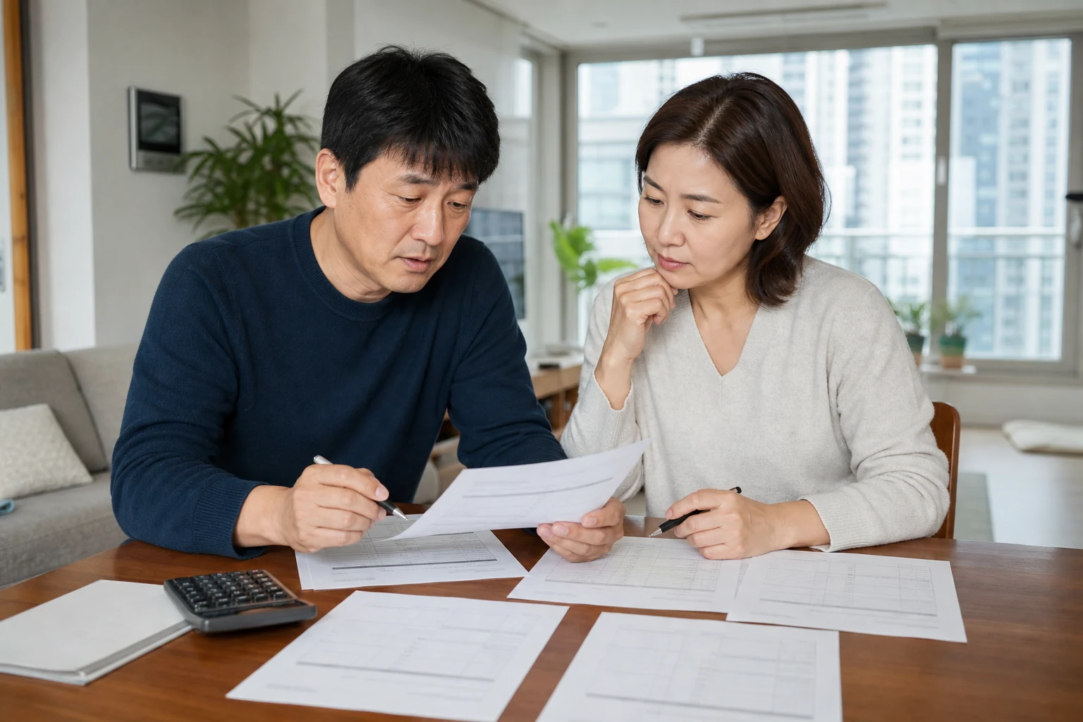 견적서의 비용 항목을 비교하는 테이블 위의 서류